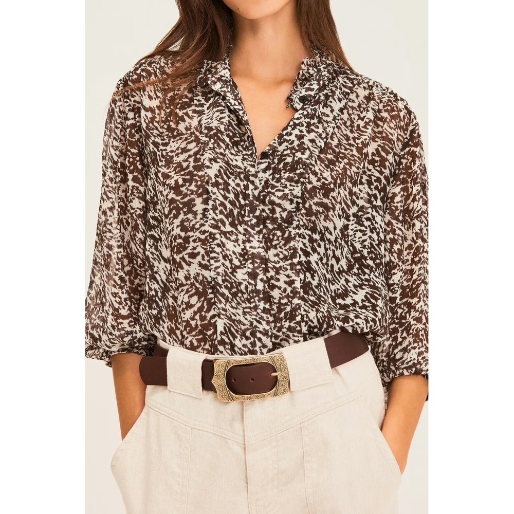 Ba&sh Elia Chemise Blouse Black cream Abstract Print Ruffle Neck Medium
